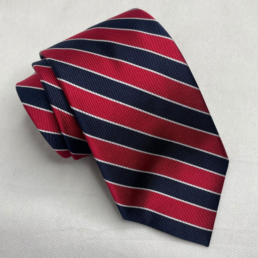 Rooster Repp Silk Collegiate Stripe Necktie Red White Navy Blue Designer Tie